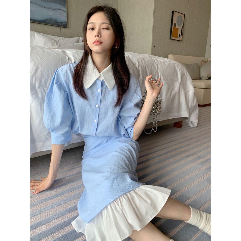 Sea Salt Cheese Gentle Oni Contrast Color Light Blue Stripe Shirt for Women Skirt Suit Summer