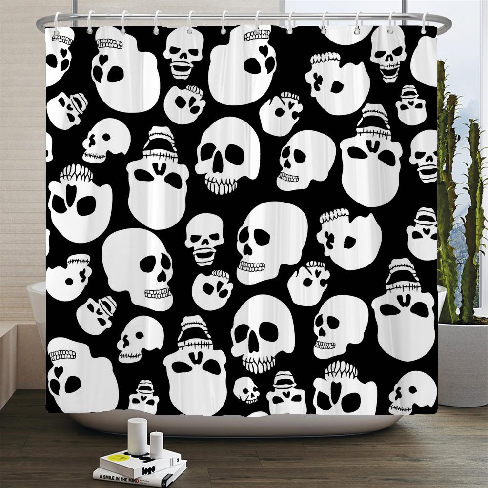 Black Skull Skeleton Printed Shower Curtain Set Horrible Halloween Festival Bathroom Decor Pedestal Rug Lid Carpet Toilet Cover