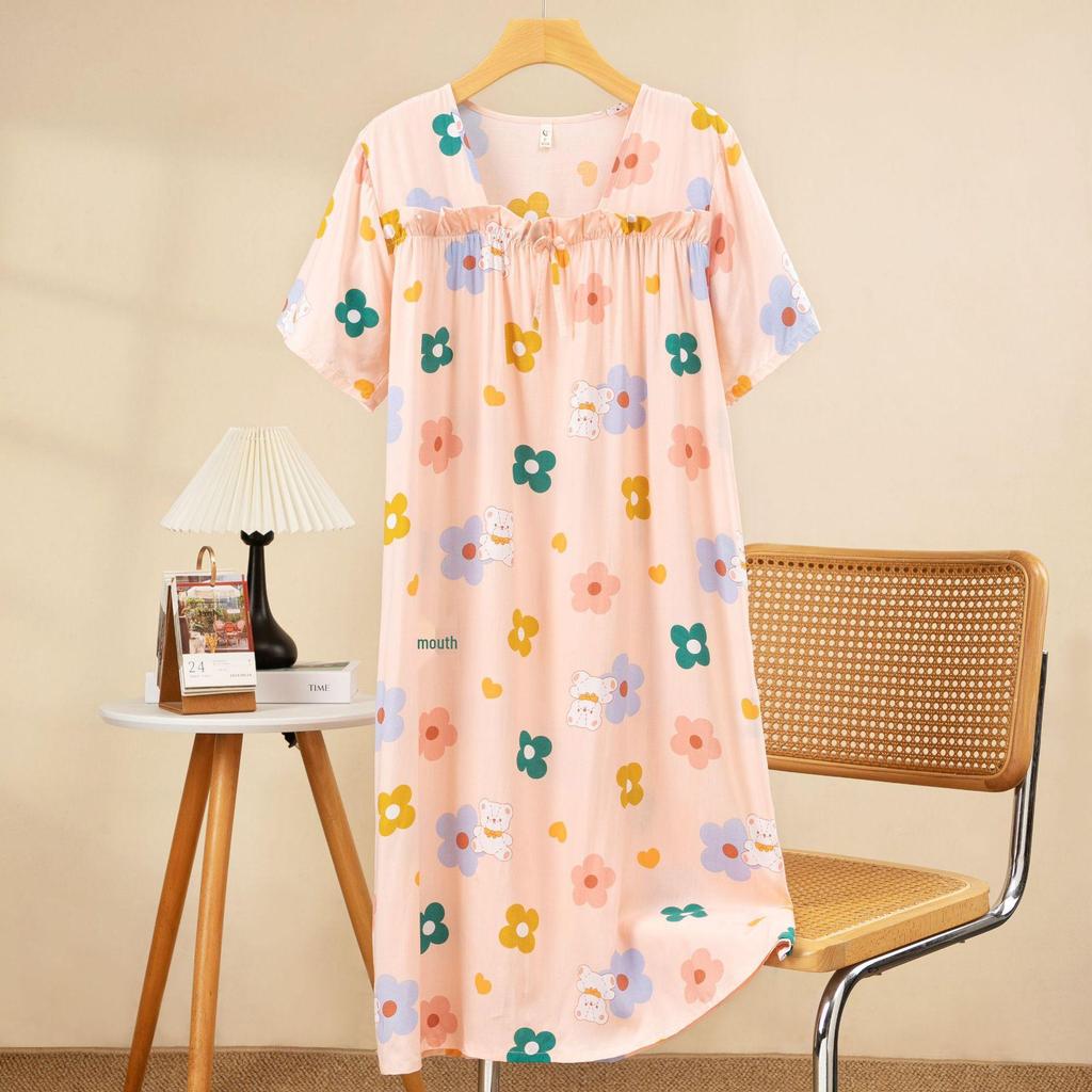 Plus Size Cotton-Silk Cartoon Floral Pajama Dress: Lightweight, Loose-Fit, Summer Homewear