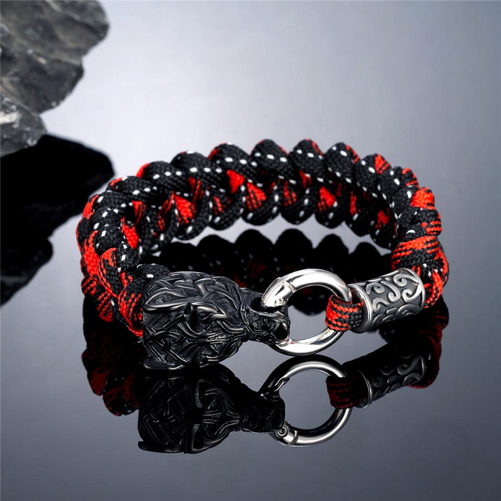 

Outdoor Norse Mythology Odins Wolf Bracelet Men Stainless Steel Braided Paracord Rope Wristband Viking Runes Celtic Knot Jewelry 19cm