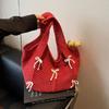 Casual Leisure Knitted Shoulder Bag Bohemian Sweet Weave Handbag Hollowed Out Bowknot Crochet Tote Bag Vacati