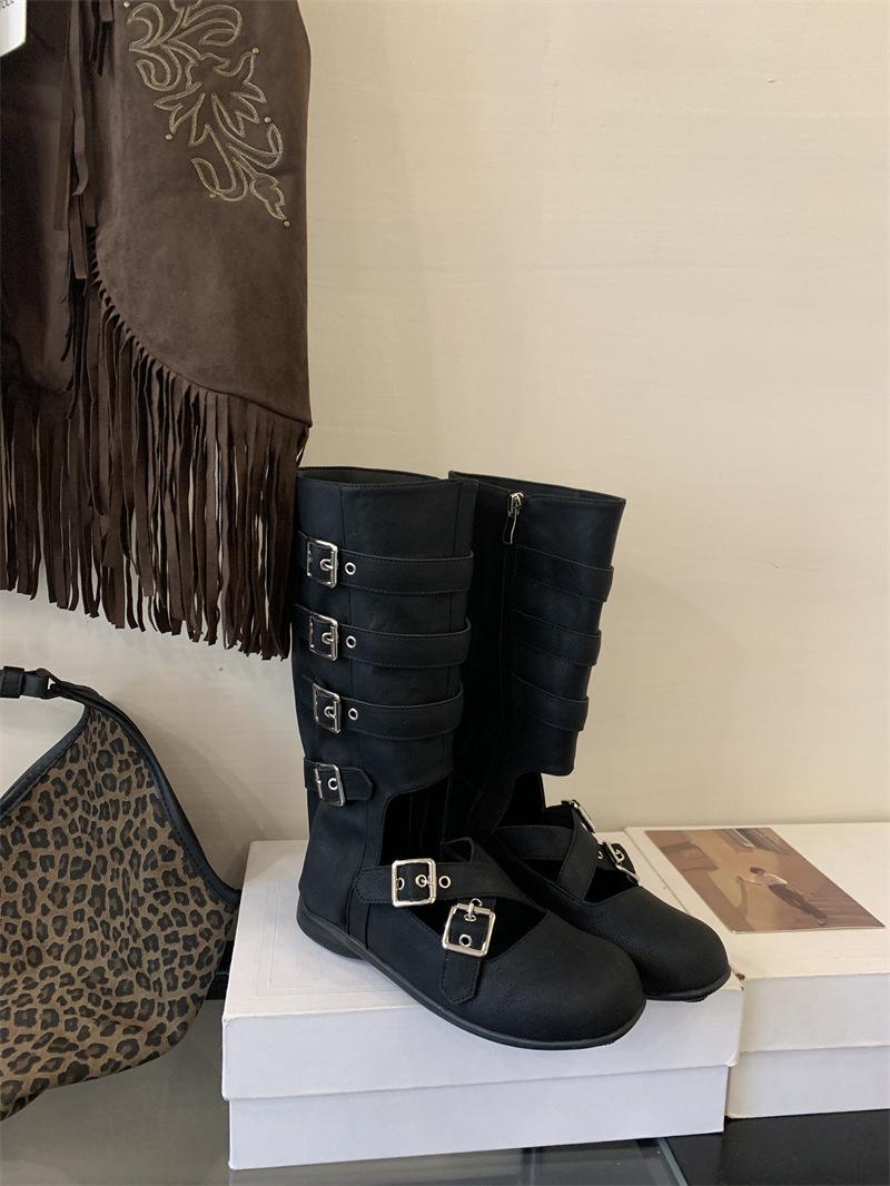 

Xieyiren flat-bottomed hollowed-out ballet boots punk side zipper belt buckle Spice girl medium tube women s shoes thick sole 39