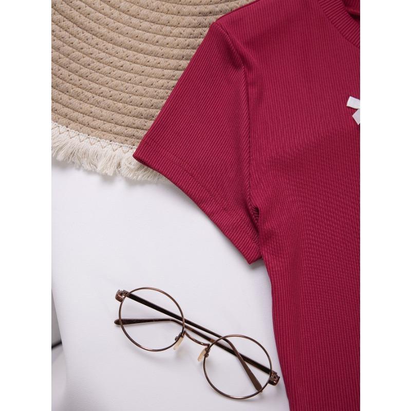 Women's Bow Decorated Pit Strip Round Neck Short-sleeved T-shirt