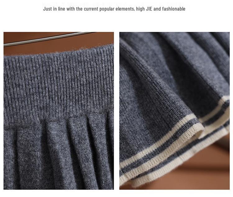 Color-Blocked Pleated Wool Knit Skirt - Elastic Waist, Korean Style, Autumn/Winter Casual Mini Skirt for Women