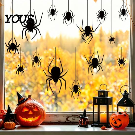 Halloween Glass Cling Spider Static Window Cling, Black Silhouette Wall Sticker, No Residue Self-Adhesive Clings Spooky Decal, Decor for