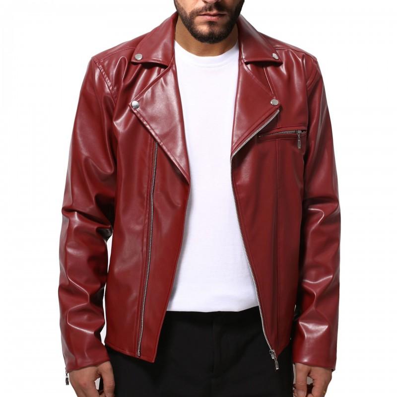 Mens PU Leather Biker Jacket With Horizontal Zipper Casual Outerwear Youth Plus Size