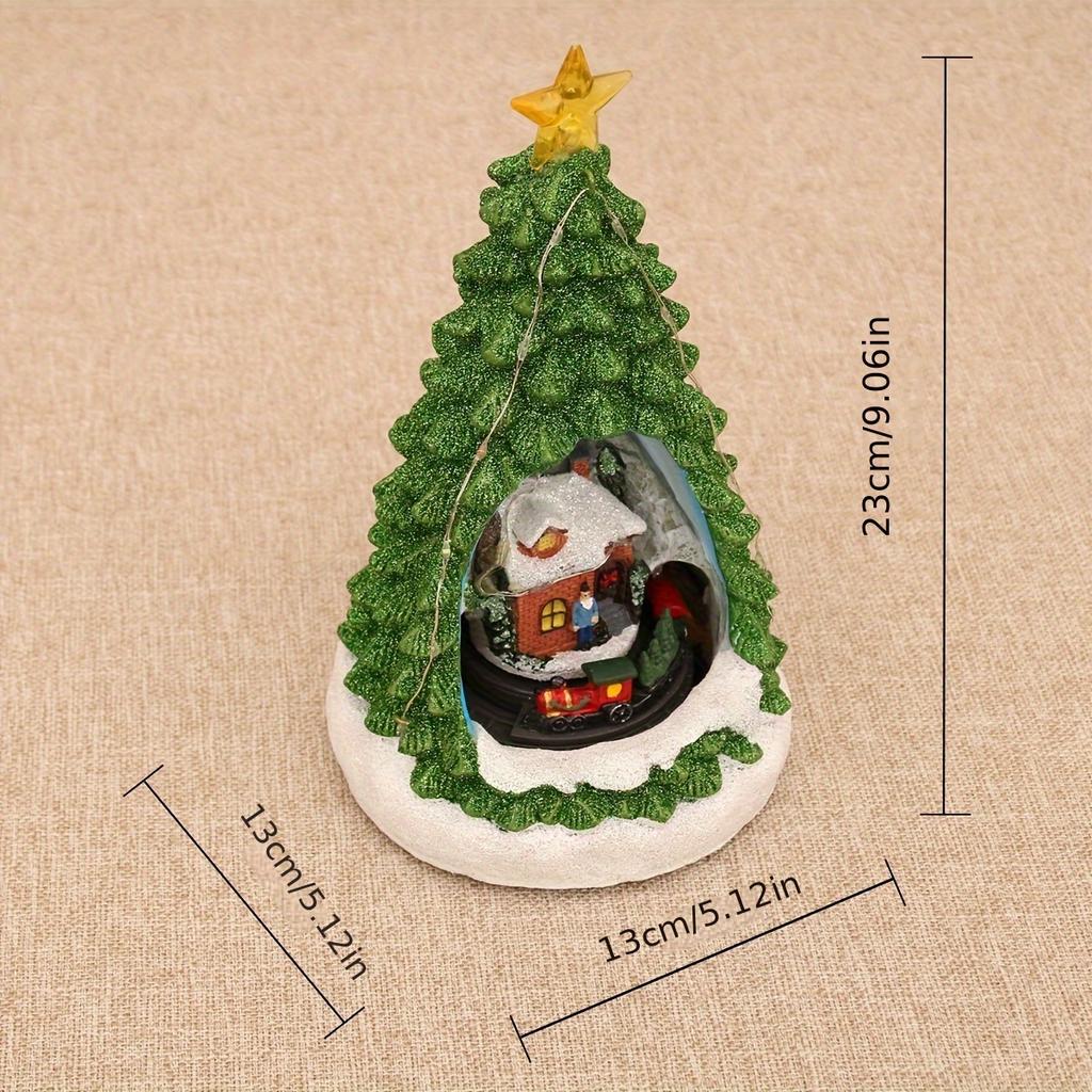 1pc Resin Music Cottage Rotating Train LED Music Box Night Light Christmas Ornament Holiday Gift Decorations