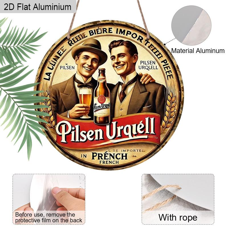 2D Flat Aluminum Retro Round Metal Sign Pilsner Urquell Beer Advertisement, Vintage Wall Art Decor with Hanging Rope, Rustic Chic Decoration for Home