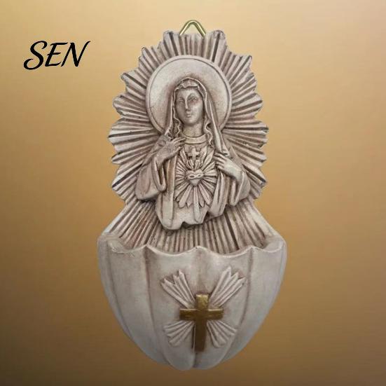 Religious Theme Decorations Sacred Heart of Mary Holy Water Font, Vintage Resin Church Soft Furnishings Basin Wall Hanging, Catholic Decor Ornament