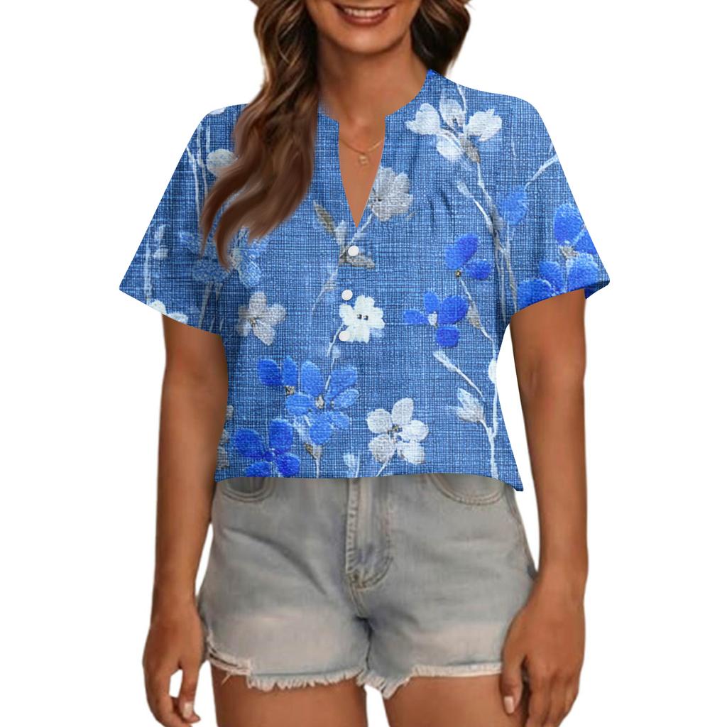 Women's Fashionable Casual V Neck Button Up Oversized Short Sleeve Printed Top