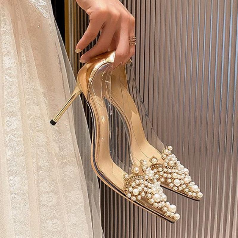 

Модная женская одинарная обувь Лето Новые ультравысокие каблуки Острый носок Жемчуг Прозрачные неглубокие каблуки Модный темперамент Шпилька 39 золотой