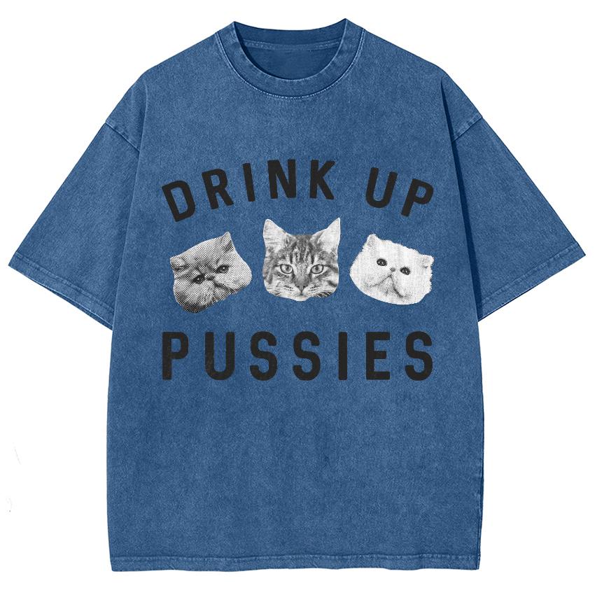 Cat Letter Print Unisex T-Shirt Washed Denim Fabric Soft Oversized Short Sleeve Vintage Ladies Top Today Wear Men