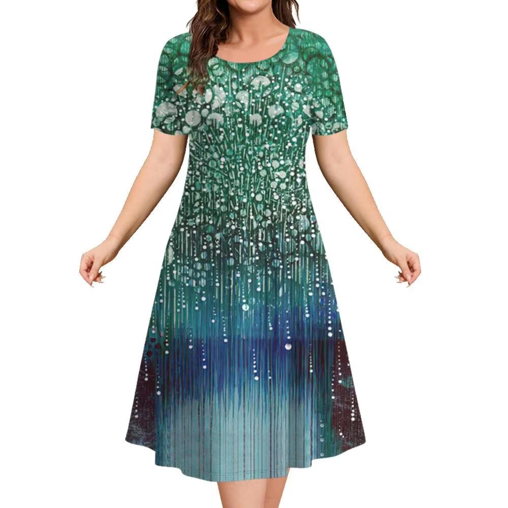 Elegant Women Short Sleeve Fashion 3d Print Midi Dress Plus Size Beach Clothing