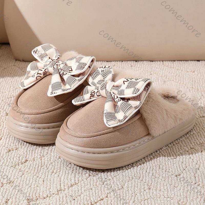 Fashion Comemore Bow Women Winter Toe Wrap Warm Solid Cotton Slippers Thick Soft Sole Slides Femmer Indoor Floor Flat Home Slipper Shoes