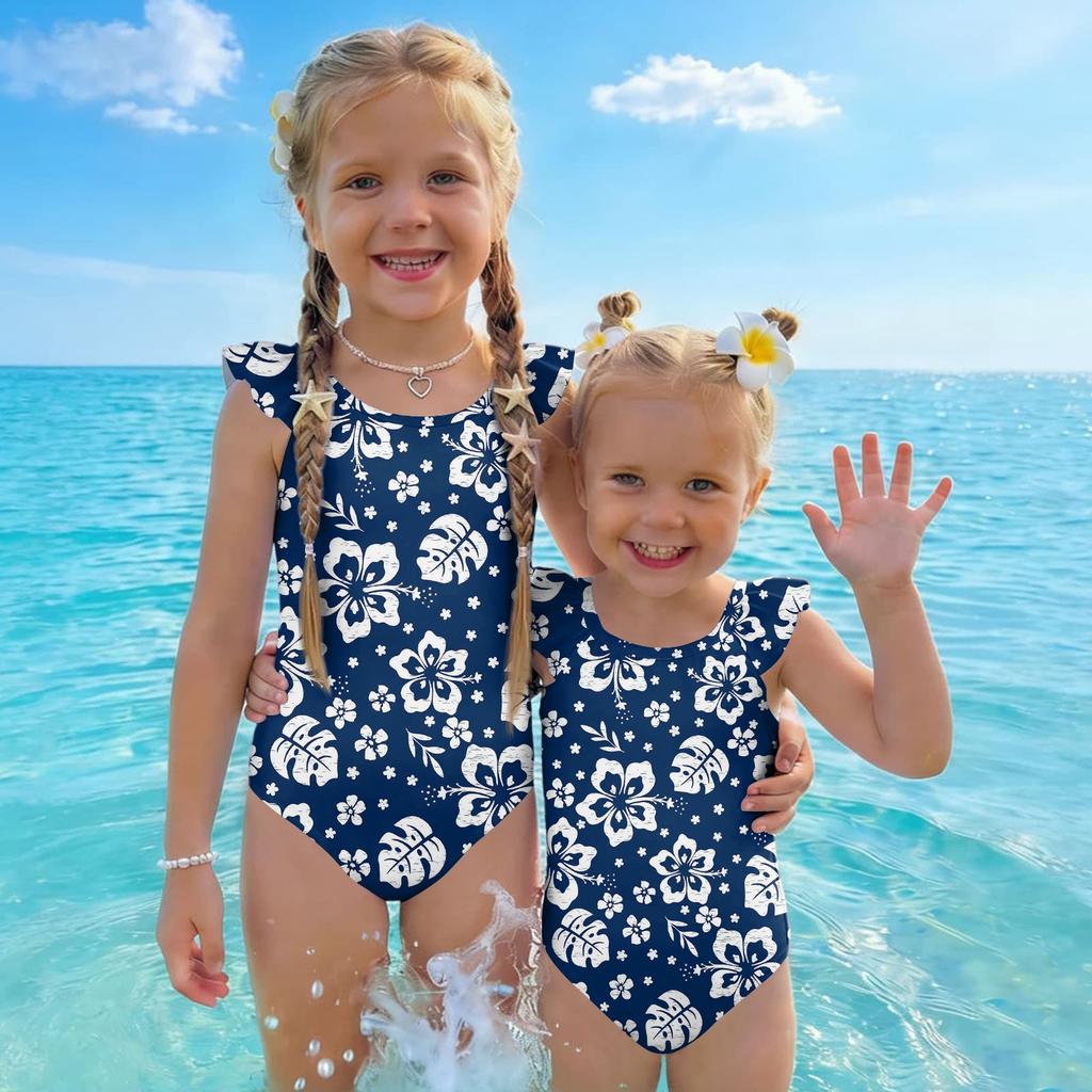 Girls One Piece Swimsuit Hawaiian Print Kids Swimwear Toddler Child Beachwear Sleeveless Ruffle Shoulder Bathing Suit for Summer Pool
