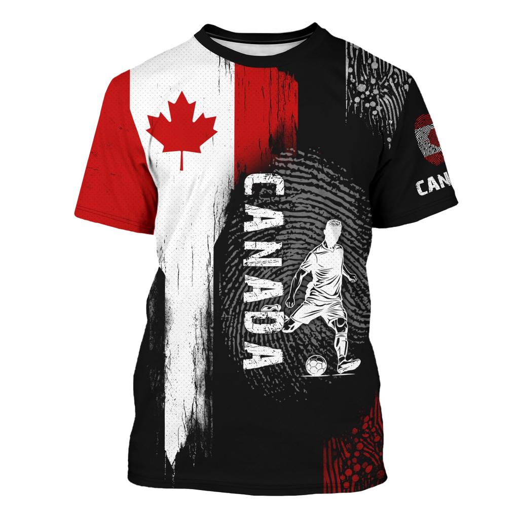 Unisex International Football Fan Retro Streetwear Jersey with Maple Leaf Soccer Print Striped Design Crew Neck Short Sleeve Top for Adults Youth