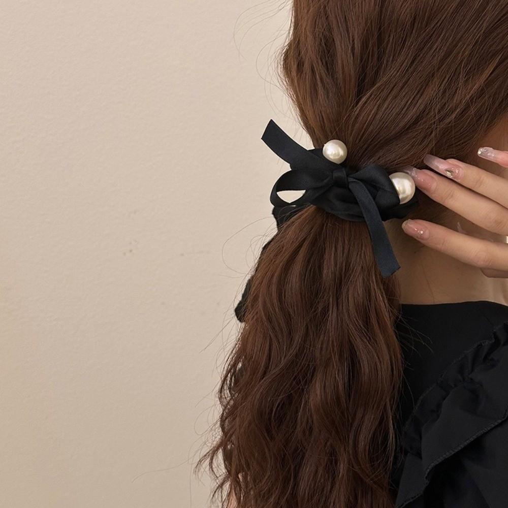 Black Color Pearl Hair Tie Pearl Decoration Bow Headdress Fashion Ponytail Holder  Daily Wear