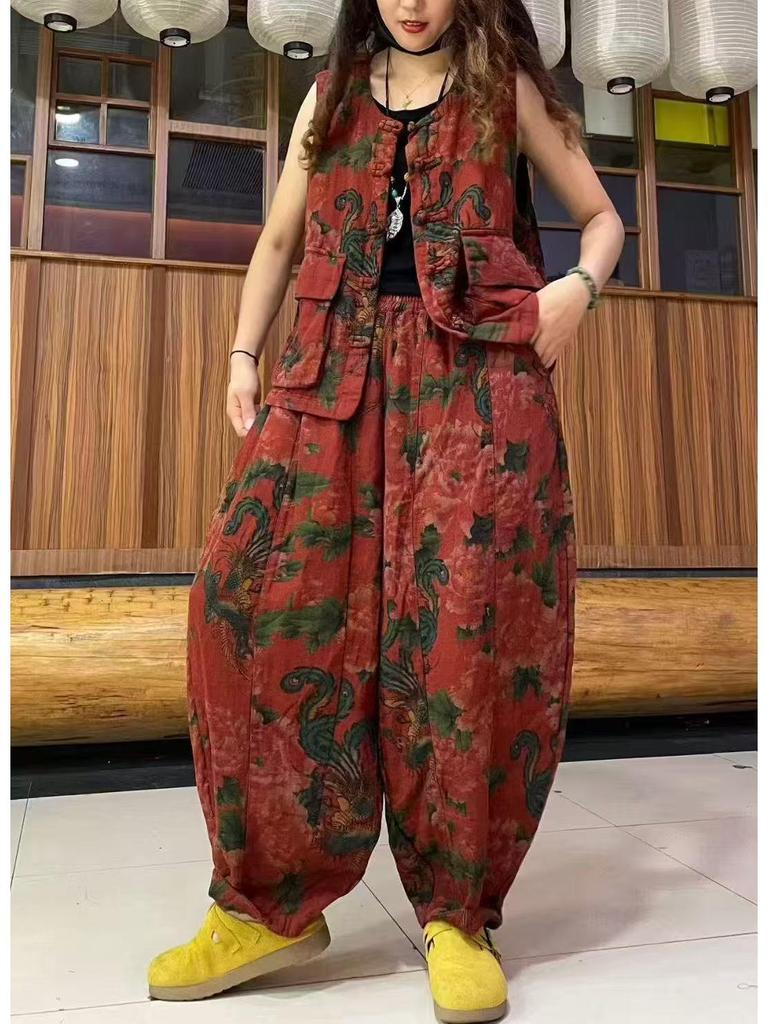 Spring Women's Retro Casual Set: Artistic Vest & Elastic Waist Pants