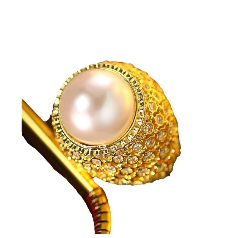 Copper-Plated Gold-Studded Diamond Pearl Open Ring Ring Ring Women'S Personality Simple High-End Hand Jewelry