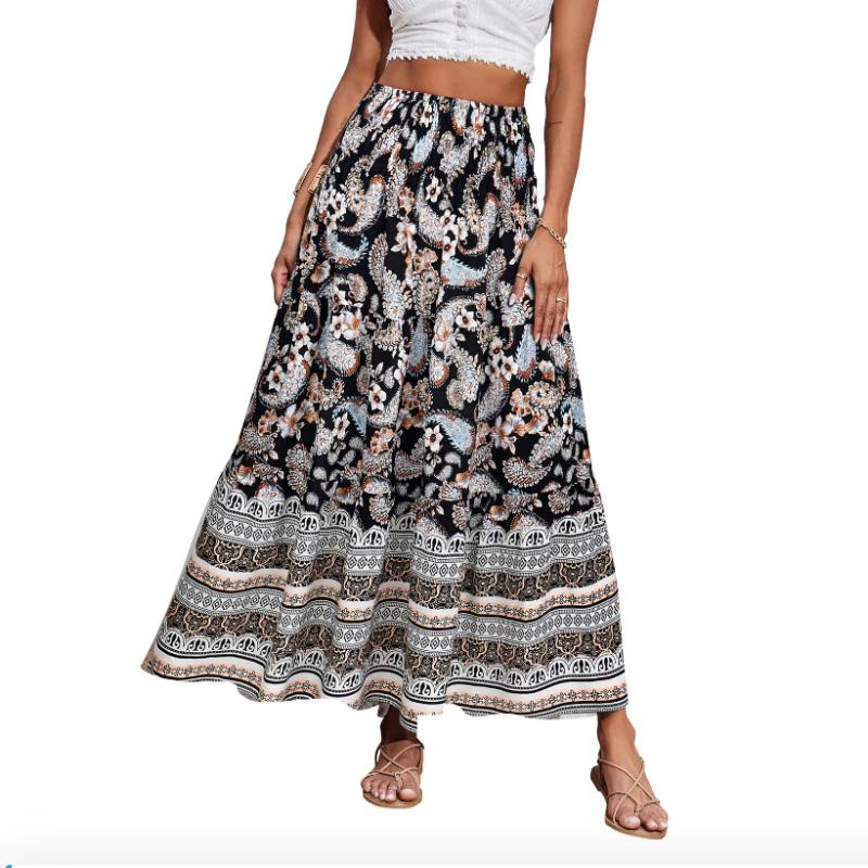 

Summer Printed Big Swing Skirt Bohemian Loose High Waist Long Skirt Beach Skirt Ladies XXXL чорний