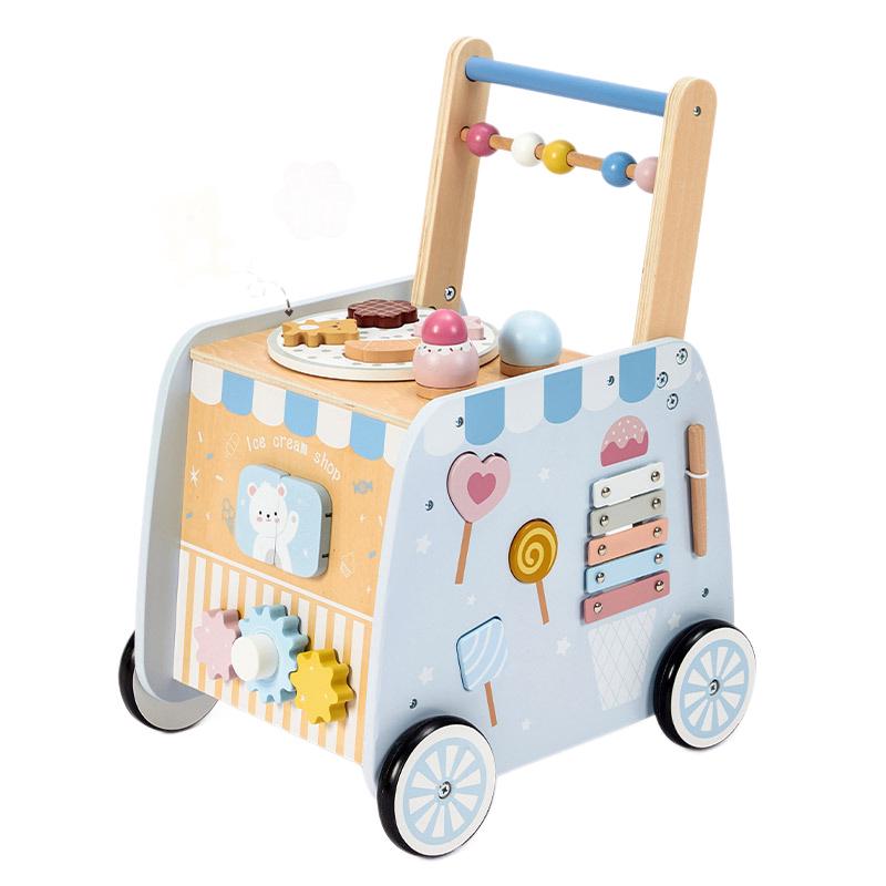 Multi-Functional Cartoon Ice Cream Wooden Baby Walker Stroller