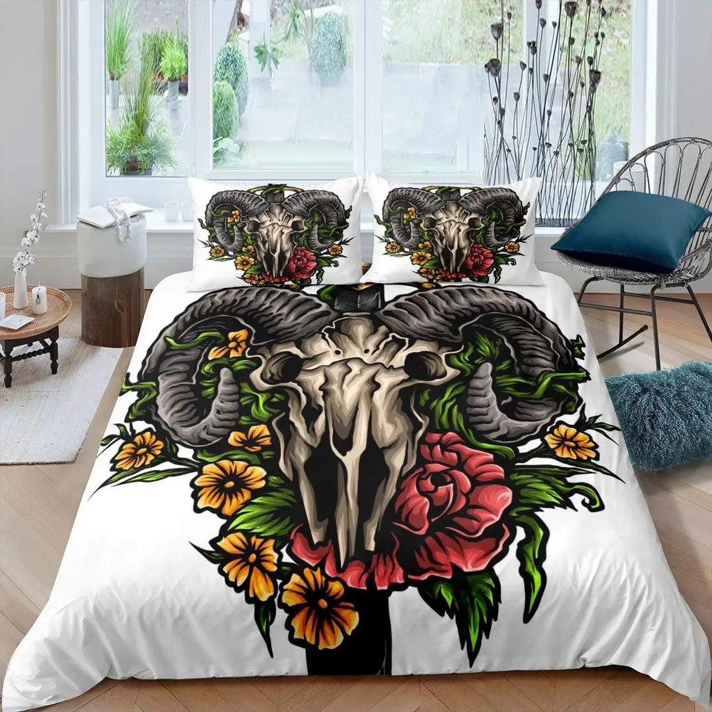 Horror House Duvet Cover Set Art Pentagram Goat Skull Devil Dream Hooded Exorcist Image Decorative Bedding SetKing Size Blue