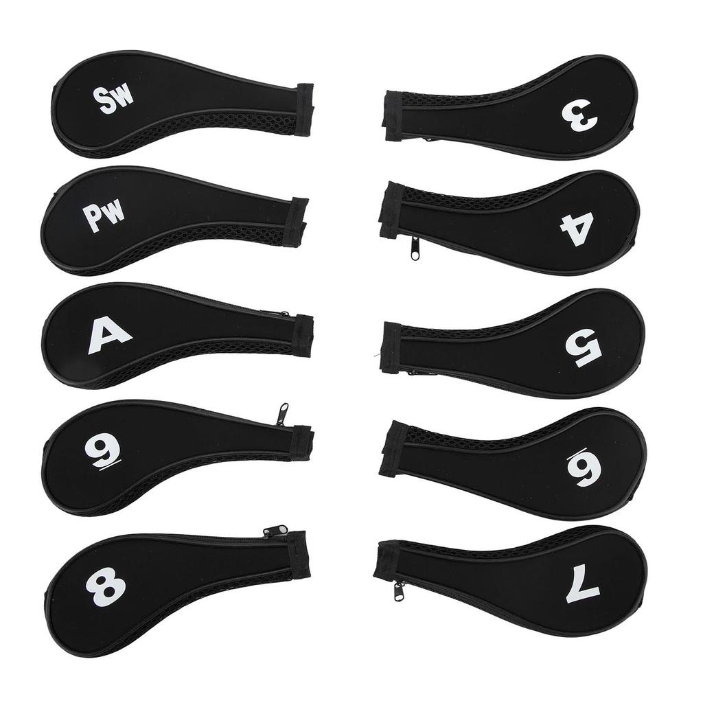 10 PCS Golf Club Head Covers Golf Iron Pole Zipper Hat Cover Club Protective Covers Black