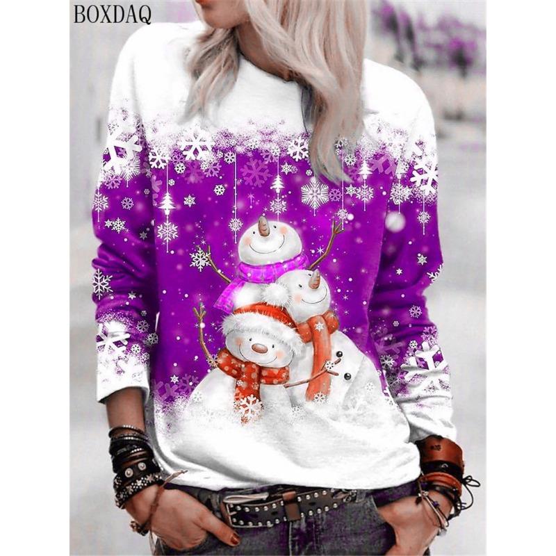 Cartoon Christmas Snowman Women Long Sleeve T-shirts Autumn Winter Christmas Style