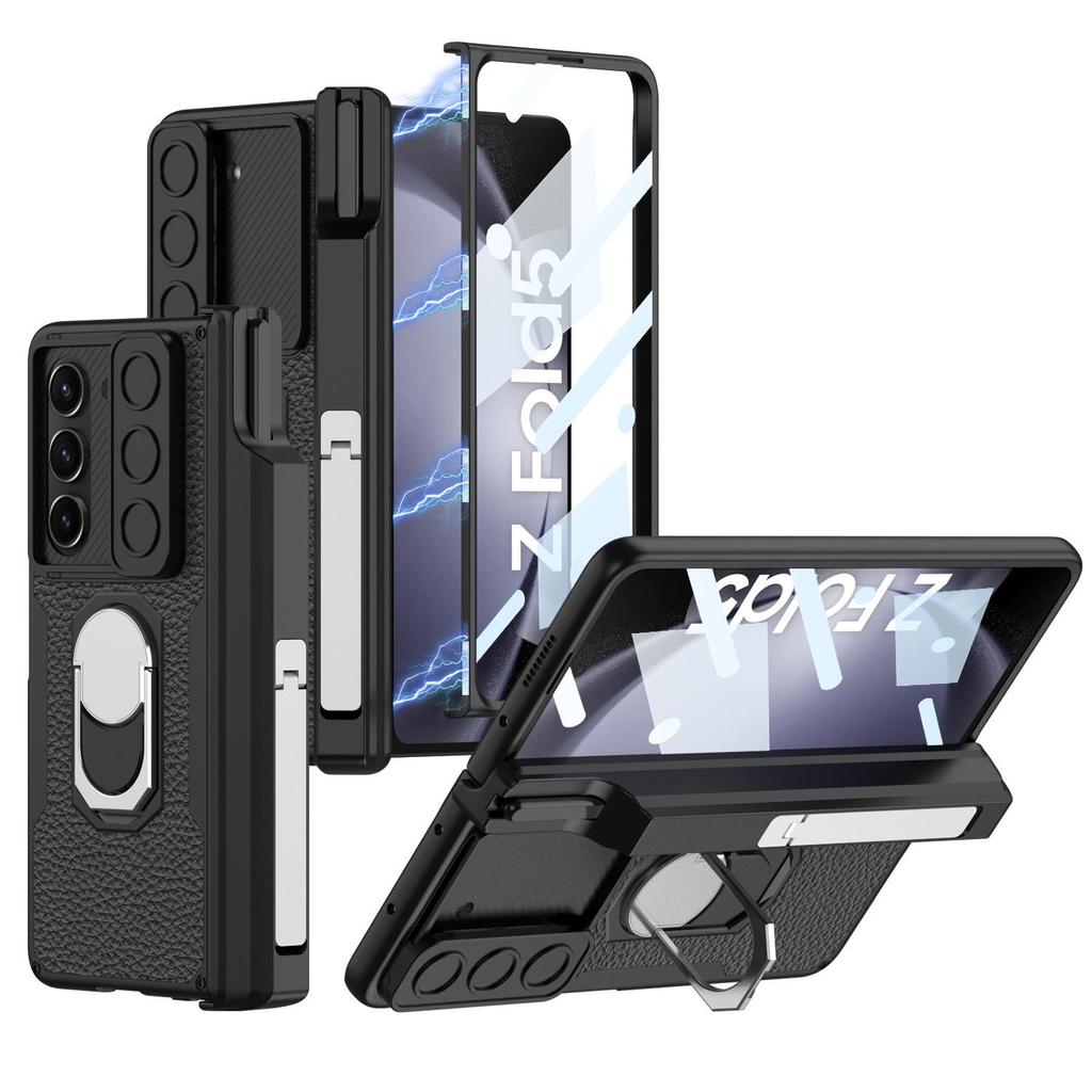 Samsung Z Fold 5 Magnetic Leather Armor Case with Push-Window Lens & Pen Holder