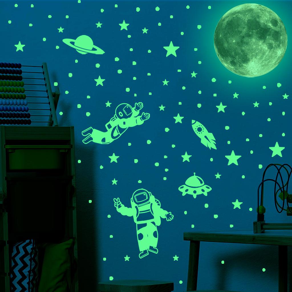 Cartoon Luminous Sticker Planet Moon Astronaut Wall Sticker Children's Room Bedroom Fluorescent Self-adhesive Wall Sticker