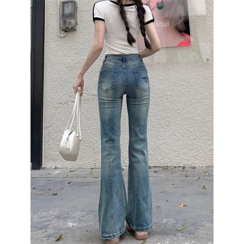 

Kumikumi Nostalgic Retro Washed Straight-leg Denim Women s Clothing Fall High Waist Silm Slimming Bootcut Pants Pants Light Blue XL