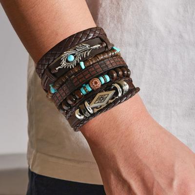 6 ks Sada pletených náramků Různé tvary Dřevěná korálková dekorace Přívěsek s pavím perem Retro etnický styl Faux tyrkysový kámen Kamenný náramek