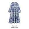 2025 Spring Women's Casual V-Neck Waist-Gathering Lantern Sleeve Dress