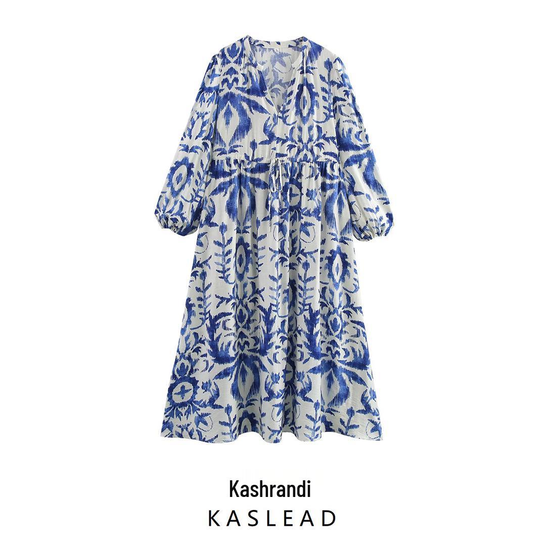 

2025 Spring Women s Casual V-Neck Waist-Gathering Lantern Sleeve Dress Large