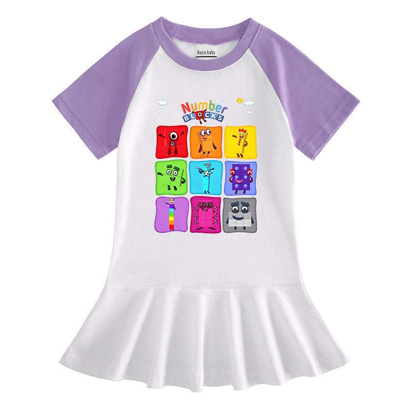 Summer Cartoon Raglan Color Block Pleated Dress for Girls