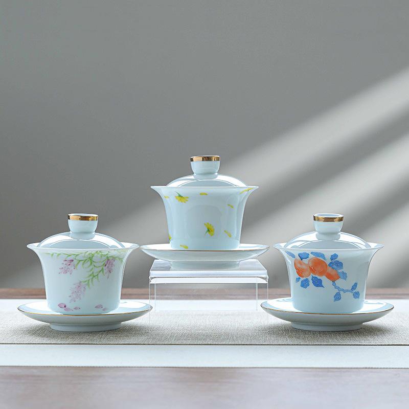 Handbemalte Deckelschale Teetasse, einzelne Keramik-Teeschale, Teetasse, weißes Porzellan Drei Talente Deckelschale Kung Fu Tee-Set