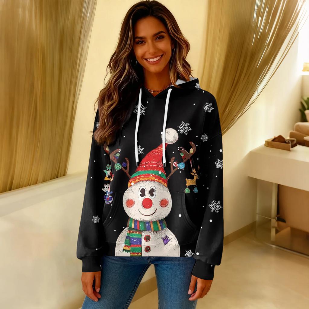 Women's Loose Comfortable Casual Fashion V-Neck Christmas Print Long Sleeve Hoodie