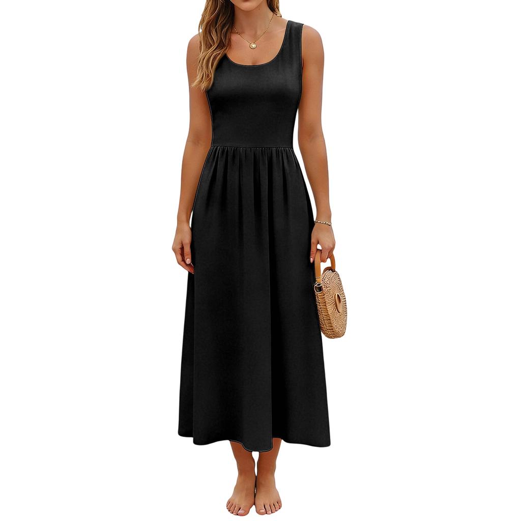 Ärmelloses Langes Freizeitkleid für Damen Sommer Einfarbig Einfach Entspannte Passform Maxikleid für den Alltag Urlaub Büro