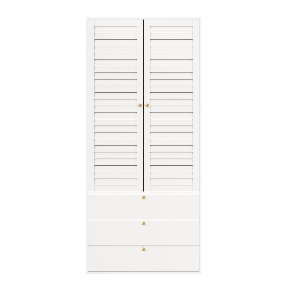 Kleiderschrank mit 2 Türen, elegante Lamellentüren, weiß, 90 x 50 x 200 cm, mit 1 Kleiderstange, 2 Türen und 3 Schubladen, für Schlafzimmer, Kinderzimmer