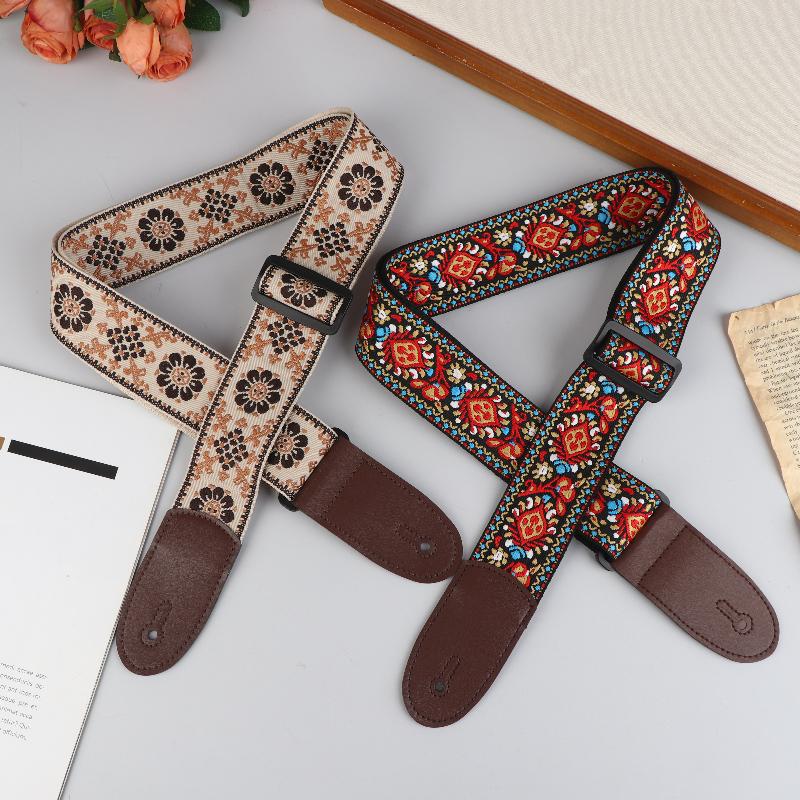 Guitar Strap Bass Cotton Leather Embroidery Straps Adjustable Neck Strap Electric Acoustic Guitar Bass Accessories