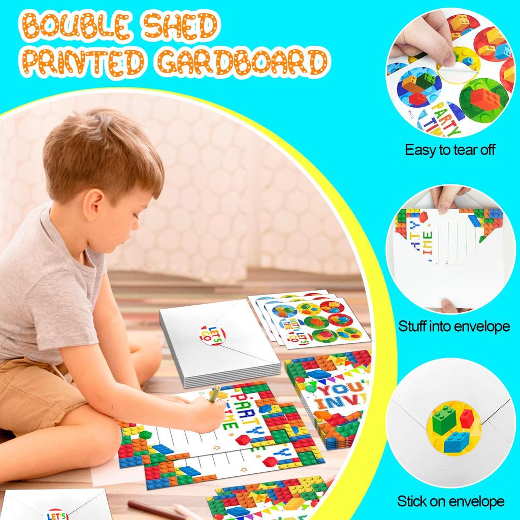 Building Blocks Birthday Party Invitations, Brick Party Invitation Card Building Birthday Invites with Stickers Envelopes Birthday Invites