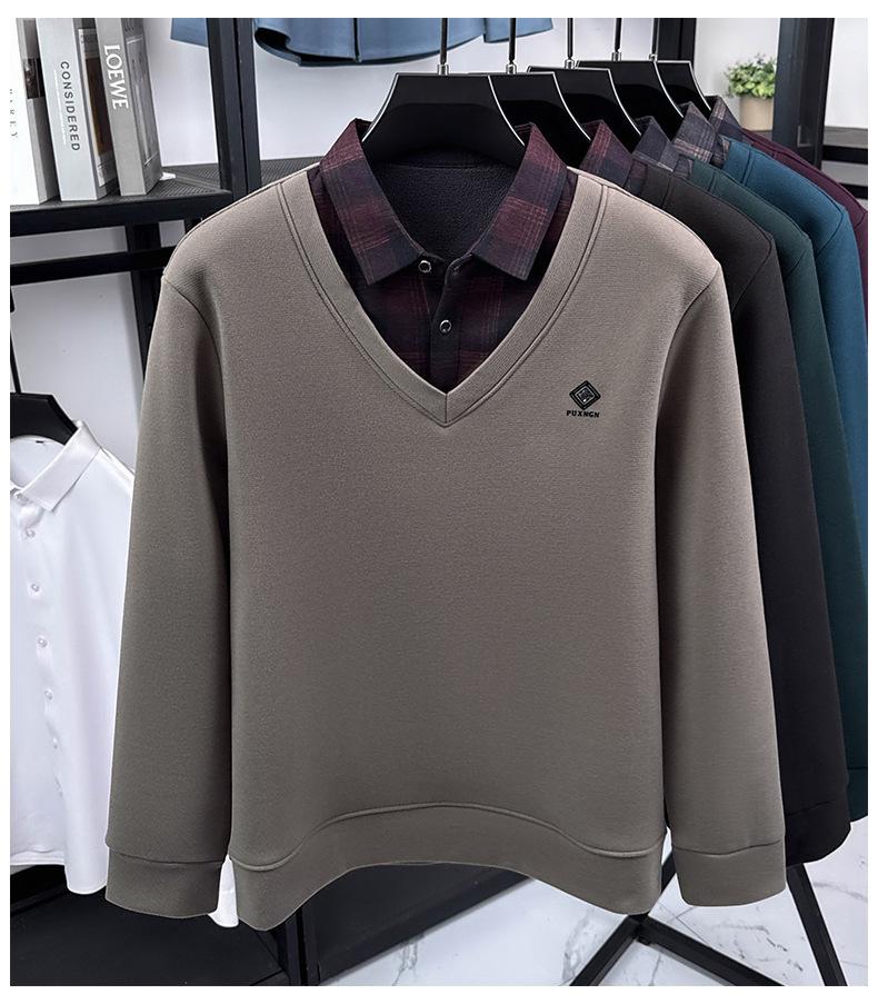 Men's Winter Faux Two-Piece Sweater with Shirt Collar and Velvet-Lined Knitwear