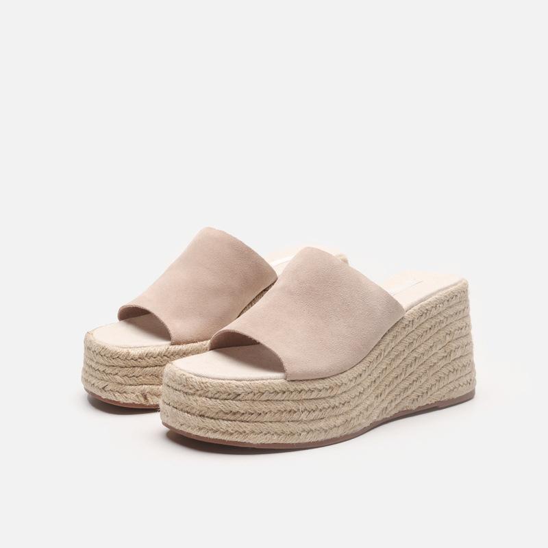 Wedge Heel Sandals Women's New Hemp Rope Sole One Word with Thick Heel Wedge Heel Cool Slippers