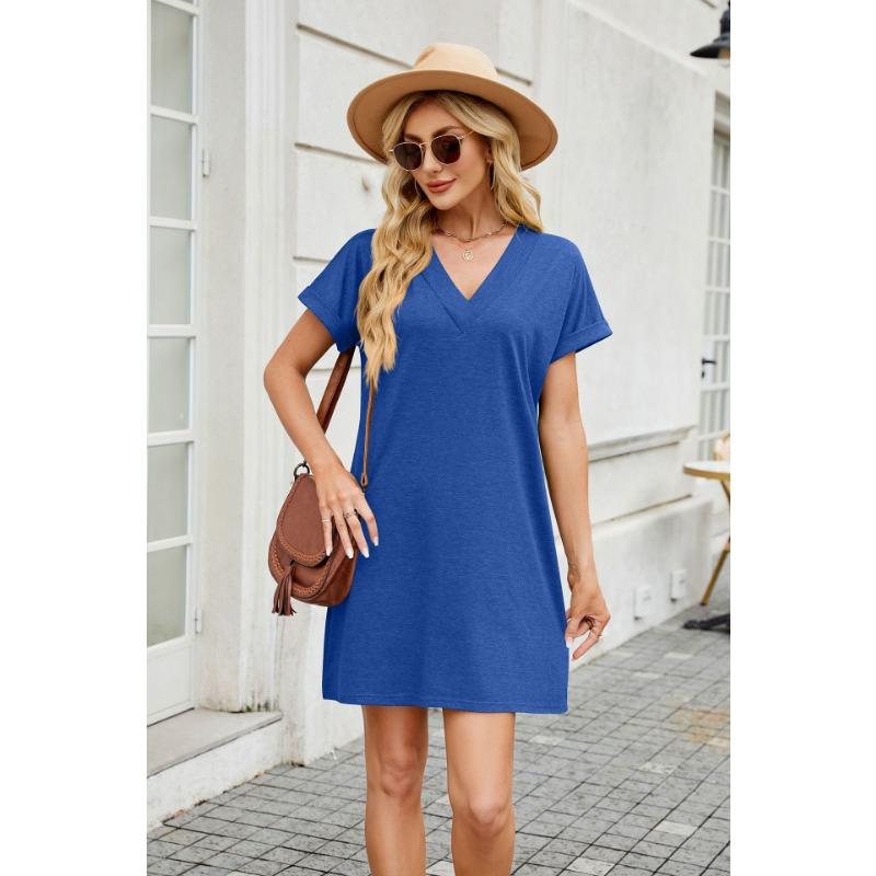 Übergröße Damen Sommer Neu Einfarbig V-Ausschnitt Locker Kurzärmlig Freizeitkleid