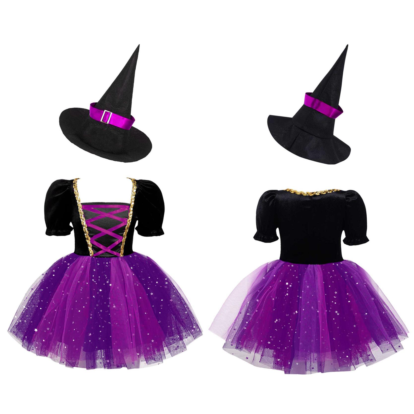 

Детский костюм ведьмы для девочек, платье для косплея на Хэллоуин, блестящее сетчатое платье-пачка с остроконечной шляпой, комплект для карнавальной вечеринки, нарядная одежда 9-10 Years фиолетовый/розы красного