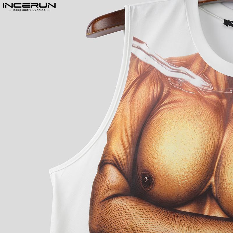 INCERUN Men Sleeveless 3D Muscle Print Casual Loose Long Tank Tops