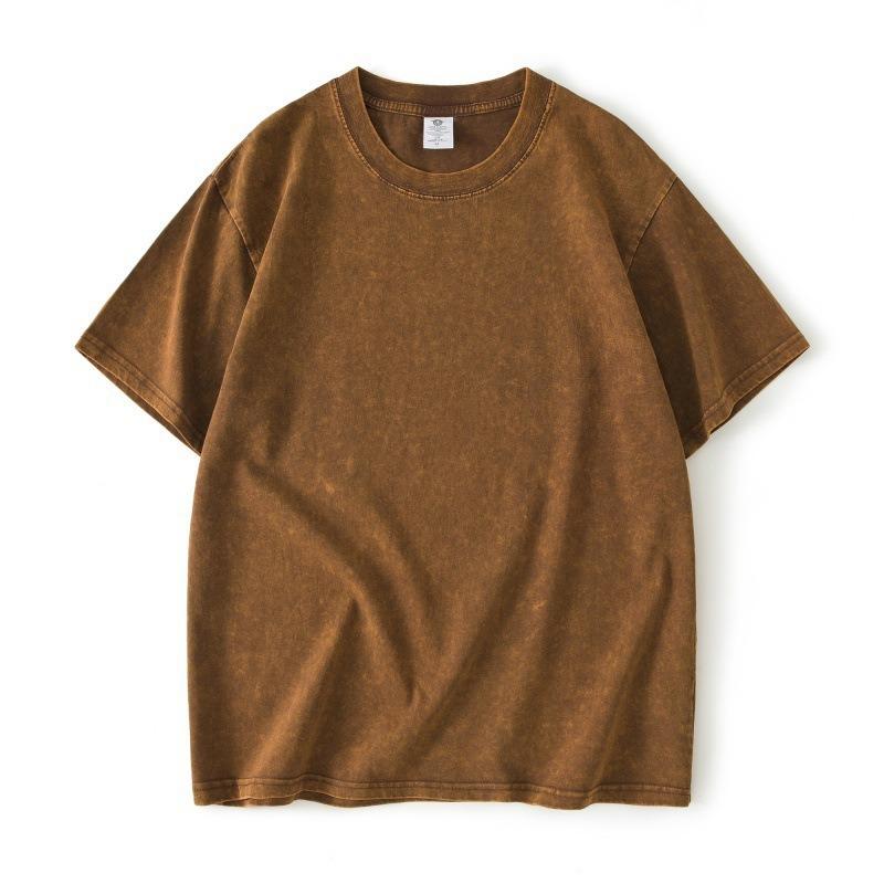 

S-5XL 240gsm Хлопковая ретро футболка с заниженными плечами для мужчин и женщин, винтажные футболки с короткими рукавами, однотонные свободные футболки в стиле хип-хоп M коричневый