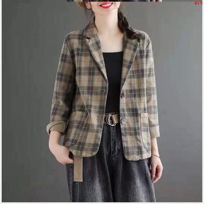 Women's Spring Literary Retro Plaid Suit Jacket Long Sleeve Loose Daily Commuter Tops