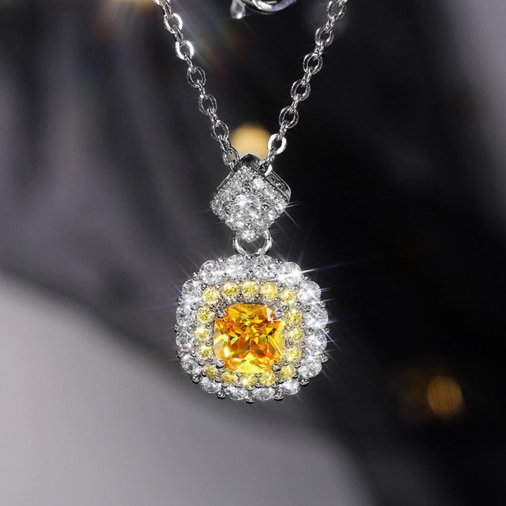 Double Layer Square Multicolor Halo Pendant with Paved Top Charm Women Cable Chain Clavicle Necklace