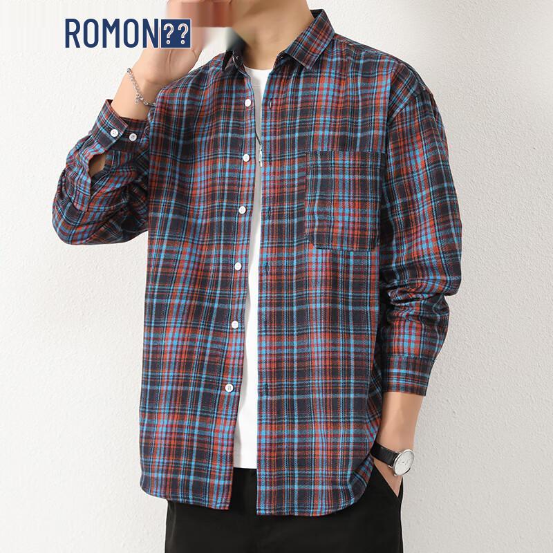 

ROMON Men s Hong Kong Style Plaid Long-Sleeve Shirt XL